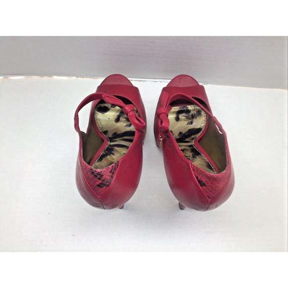 Edelman Red Leather Poppy Stilettos Peep Toe Platform Bow Ankle Strap 7.5 & Box - Picture 11 of 12